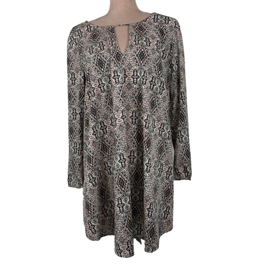 Amuse Society Mini Dress Women's M Tribal Printed Long Sleeve Keyho Neck Boho